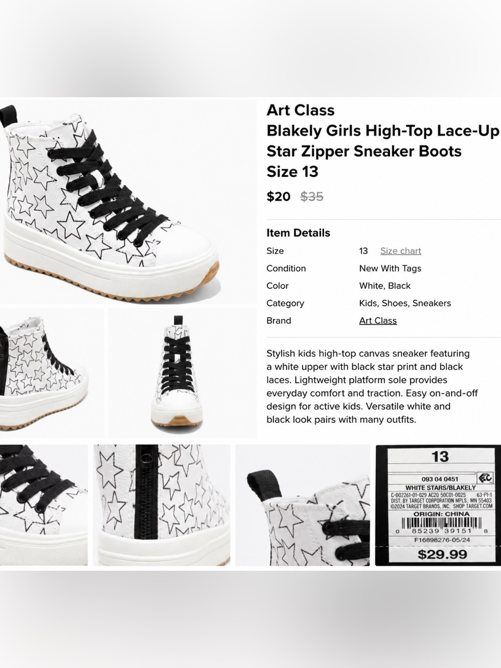 art class White & Black Star High-Top Sneakers